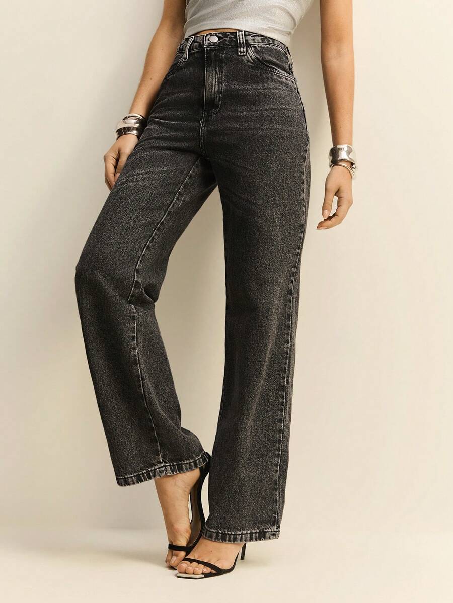 Daynim High Waist Straight Leg Jeans - Grey - View 1