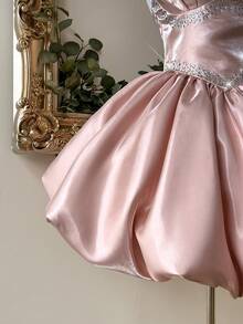 Lovelzi Elegant & Luxurious Light Pink Handmade Bow Ruffle Decor Cinched Waist Bubble Hem Dress, Suitable For Dates, Gatherings, Singles Parties, Music Festivals, Happy Holidays, Formal Occasions - Baby Pink - View 6