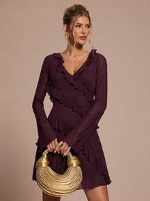 SHEIN BAE 女式纯色简约日常荷叶边长袖连衣裙 - 酒紅色 - 查看 4