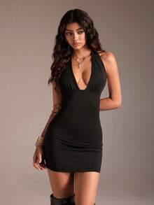 Flirla 1 件黑色深 V 领露背水钻装饰紧身迷你连衣裙，性感浪漫派对鸡尾酒会女士礼服，适合秋冬季、圣诞节、新年、情人节 - 黑色 - 查看 3