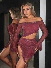 SHEIN ICON Váy ngắn trễ vai họa tiết cổ điển không đối xứng cho nữ - Màu Đỏ Sâu - Xem 1