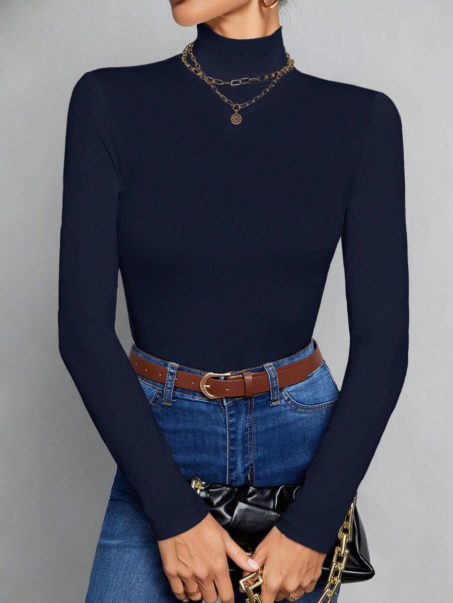 SHEIN Tall Áo thun trắng cổ cao ôm dáng đơn giản màu trơn phù hợp cho mùa thu đông - Màu xanh hải quân - Xem 1