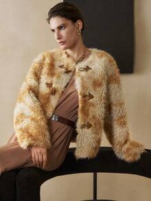 EMERY ROSE Women's Casual Faux Fur Lapel Drop Shoulder Jacket, Autumn/Winter Long Fluffy Collar Elegant Modern Fashion Jacket For Holiday Party Clothes - Khaki - View 5