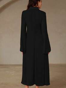 Aveloria Rosie 惊艳紫红色优雅领口单排扣束腰喇叭形长袖衬衫裙，适合女士 - 黑色 - 查看 2