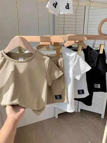 SHEIN Bộ 6 áo thun tay ngắn in chữ màu trơn và quần short cạp chun cho bé trai/gái, trang phục cơ bản mùa xuân/hè - Nhiều màu - Xem 4