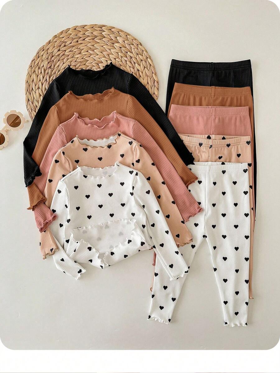 SHEIN 10 件女婴波尔卡圆点印花长袖 T 恤套装，可爱百搭，秋冬 - 彩色 - 查看 1