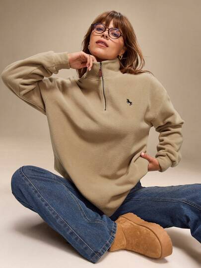 Hanevo Sudadera holgada de mujer con media cremallera, hombros caídos y patrón bordado de unicolor casual