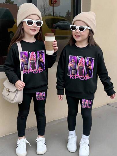 SHEIN Young Girl Fluffy White Crew Neck Sweatshirt & Leggings Set