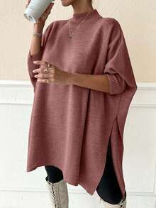 EURMUSE Women Solid Color Mock Neck Half Sleeve Oversize Pullover - Dusty Pink - View 7