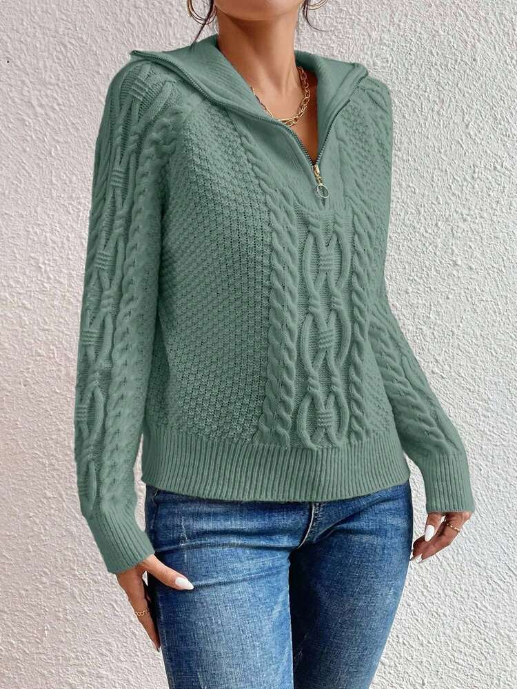 EURMUSE Women's Autumn Cable Pattern Raglan Sleeve Zip-Up Casual Loose Pullover Sweater - Mint Green - View 4