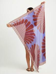 CAJUNI 女士夏季度假海滩植物印花侧系带罩衫裙套装 - 酒紅色 - 查看 2