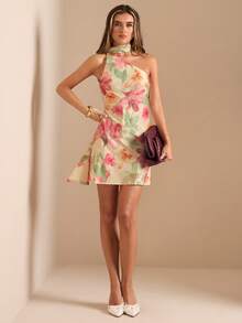 Vestido mini de satén elegante con hombros asimétricos y espalda descubierta en unicolor amarillo crema, vestido mini elegante con estampado, vestido mini sexy con espalda descubierta, vestido mini de satén amarillo con espalda descubierta, vestido de satén elegante con espalda descubierta para invitada de boda, vestido largo de dama de honor de satén, vestido mini elegante para cóctel - Amarillo claro - Ver 7
