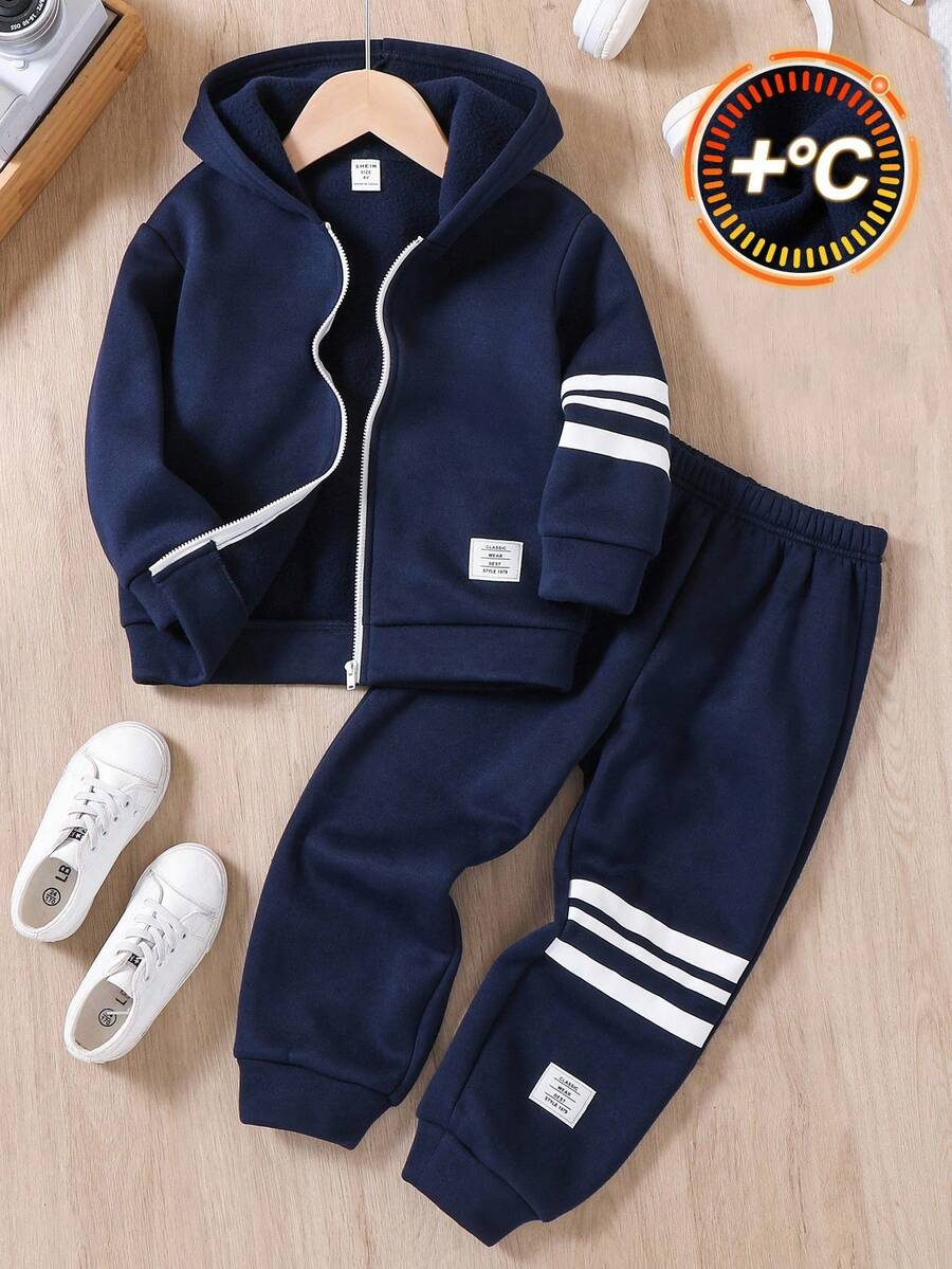 Conjunto de 2 piezas de sudadera con capucha y pantalones casuales para niños, gráfico de letras blanco y rayas blancas y azul marino, ajuste relajado, apto para uso diario, escuela, deportes, otoño/invierno, uniformes escolares, esenciales - Azul Marino - Ver 1