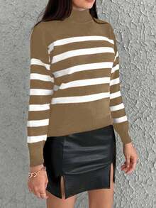 SHEIN Cottnline Striped Pattern Mock Neck Drop Shoulder Sweater - Khaki - View 3