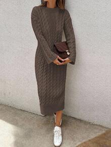 EURMUSE Women's Knitwear Long Dress With Cable Pattern,Petite - Mocha Brown - View 8
