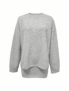 EMERY ROSE Women's Grey Knit Sweater & Mini Skirt Set, Fashionable Crew Neck Long Sleeve - Light Grey - View 5