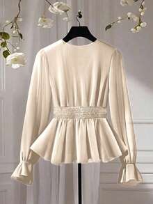 Franclia Plus Size Women Elegant Solid Color Chiffon Sheer V-Neck Pearl Button Decor Puff Sleeve Ruffle Cuff Versatile Design Long Sleeve Blouse Shirt - Apricot - View 2