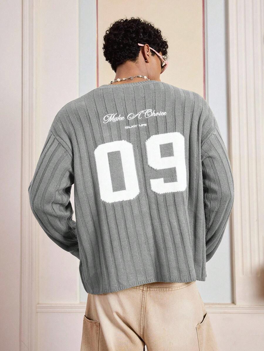 SWAVVY 男士休闲字母图案落肩毛衣，秋冬 - 灰色 - 查看 1