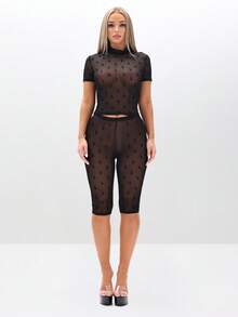 BABYPHAT Flocked Mesh High Neck Short Sleeve Sheer Overlay Top With Textured Detailing For Layered Looks - Black - View 3