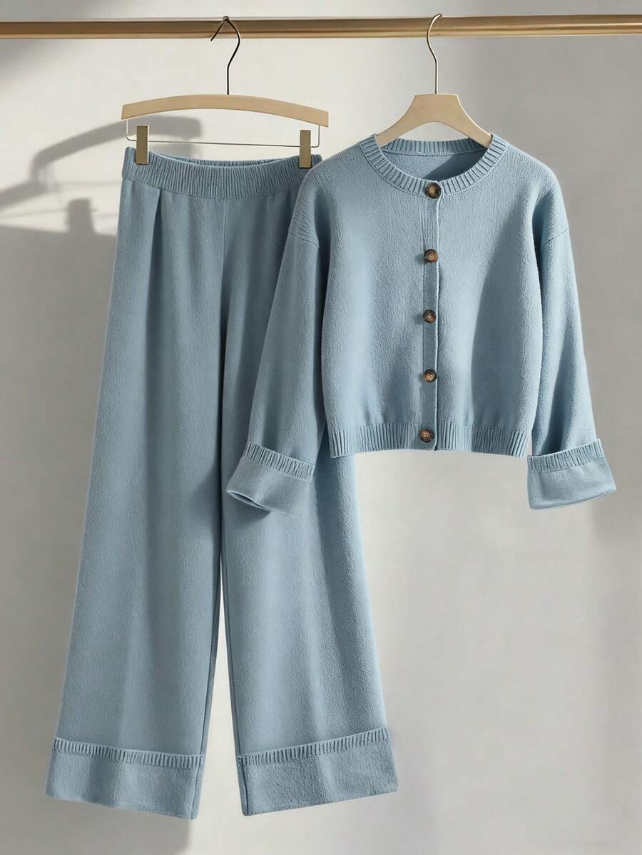 Franclia 2 件套女士休闲宽松简约个性时尚运动风格毛衣，秋冬 - 淺藍色 - 查看 1