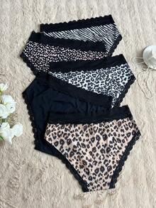 SHEIN 5pcs/Pack Plus Size Fashionable Sexy Lace Patchwork Leopard Print Panties ClassicAnimalPrint - Multicolor - View 3