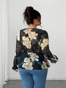 Elenzga Plus Size Women Floral Print Ruffle Hem Blouse, Suitable For Back To School, Graduation Printemps - Black - View 2