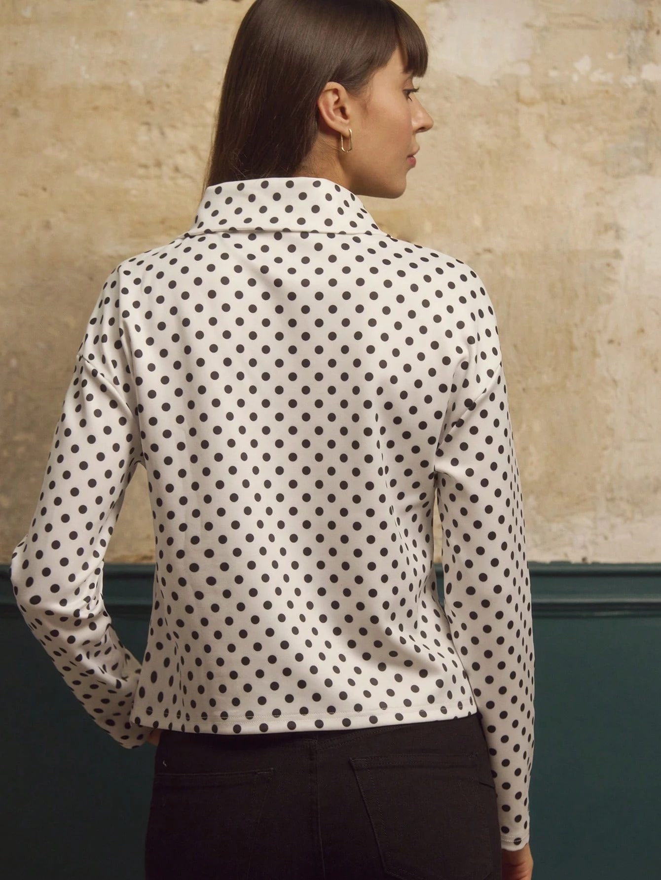 Moletom com Zíper e Bolinhas Brancas, Top de Manga Longa com Bolinhas para Sair, Elegante, Fitness, Macio, Primavera Verão