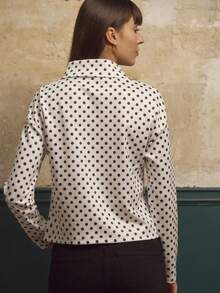 lacRébo White Polka Dot Zip Up Sweatshirt, Long Sleeve Polka Dot Top Going Out Chic Fitness Sweatshirt Spring Summer Cosy - Black and White - View 2