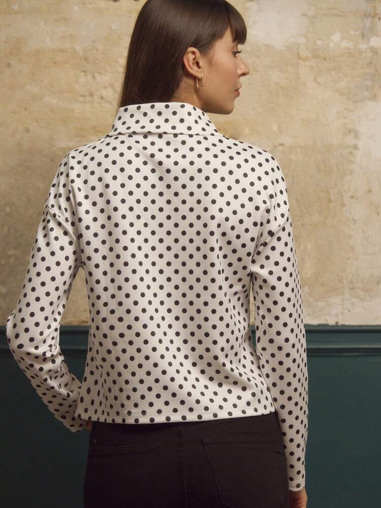 White Polka Dot Zip Up Sweatshirt, Long Sleeve Polka Dot Top Going Out Chic Fitness Sweatshirt Spring Summer Cosy