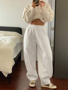 DAZY Women's Loose Solid Color Harem Pants, Thick Elastic Waist Split Casual Street Style Trousers, Autumn/Winter - White - View 4