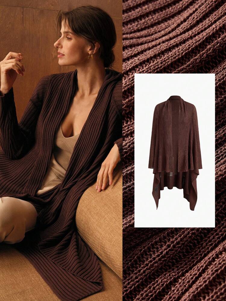 ASYMMETRICAL HEM SHAWL COLLAR RIBBED KNIT CARDIGAN