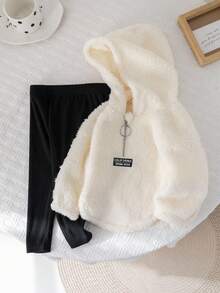 2pcs Baby Girl Cute Fleece Warm Long Sleeve Letter Print Hoodie Sweatshirt And Knit Leggings Set, Autumn/Winter Fall