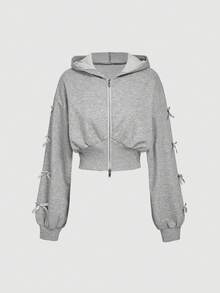 SHEIN MOD 女式蝴蝶结装饰连帽拉链长袖运动衫秋冬女装 - 淺灰色 - 查看 2