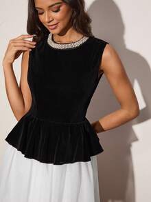 Enchnt 女士优雅仿珍珠装饰天鹅绒和网眼荷叶边腰连衣裙