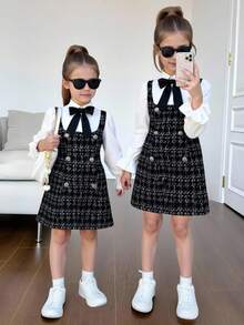 Váy kẻ caro tay bồng phối màu đơn giản thoải mái cho bé gái, váy chữ A ôm sát tay bồng, hàng mới về mùa thu đông - Đen và trắng - Xem 1