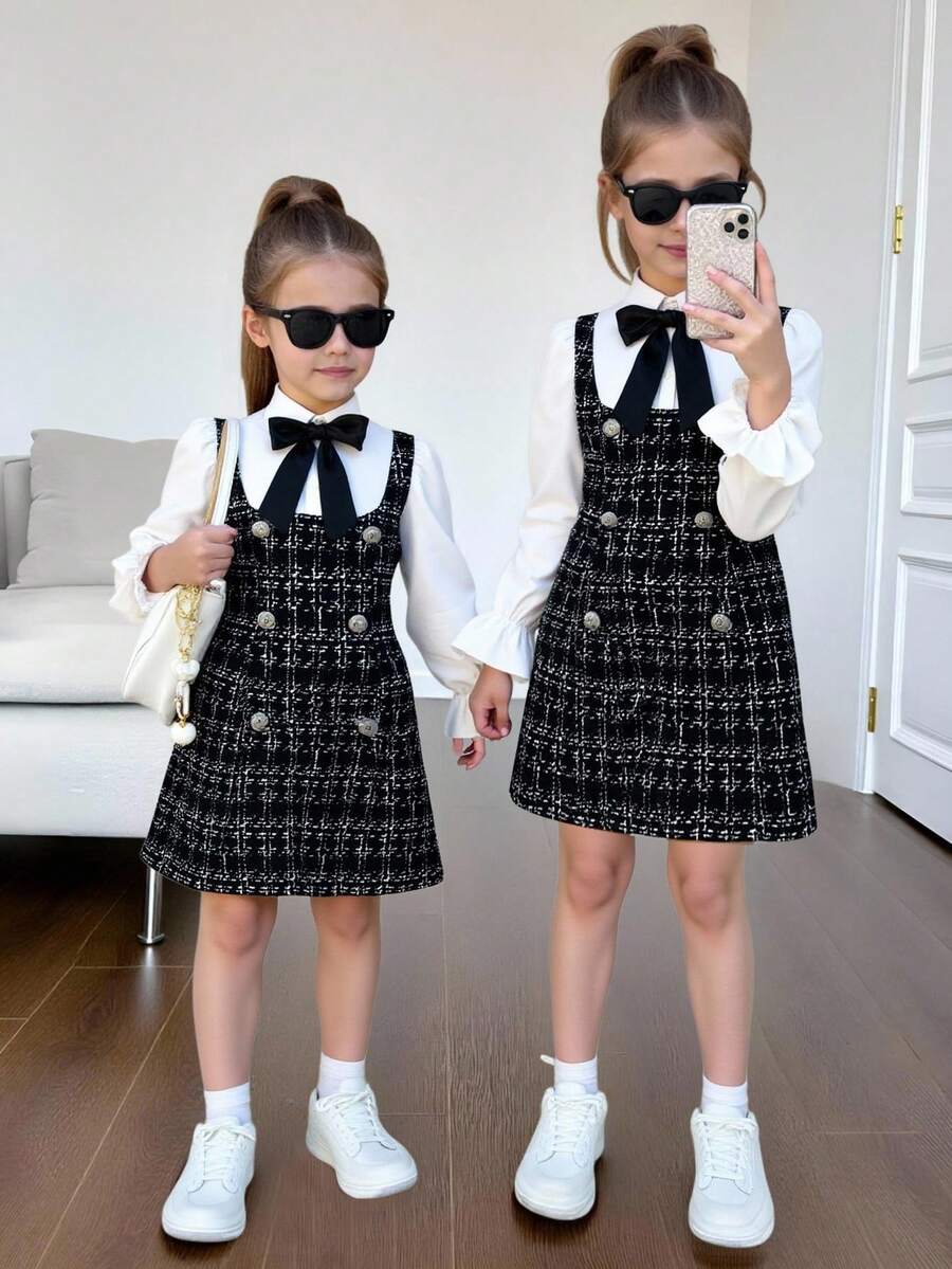 Váy kẻ caro tay bồng phối màu đơn giản thoải mái cho bé gái, váy chữ A ôm sát tay bồng, hàng mới về mùa thu đông - Đen và trắng - Xem 1