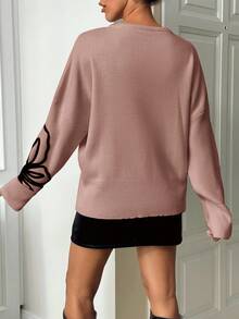 EURMUSE Casual Loose Fit Crew Neck Sweater With Contrast Embroidery, Autumn/Winter - Dusty Pink - View 2