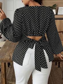 Weeklong Plus Size Black Polka Dot Backless Tie Front Long Sleeve Blouse - Black and White - View 1