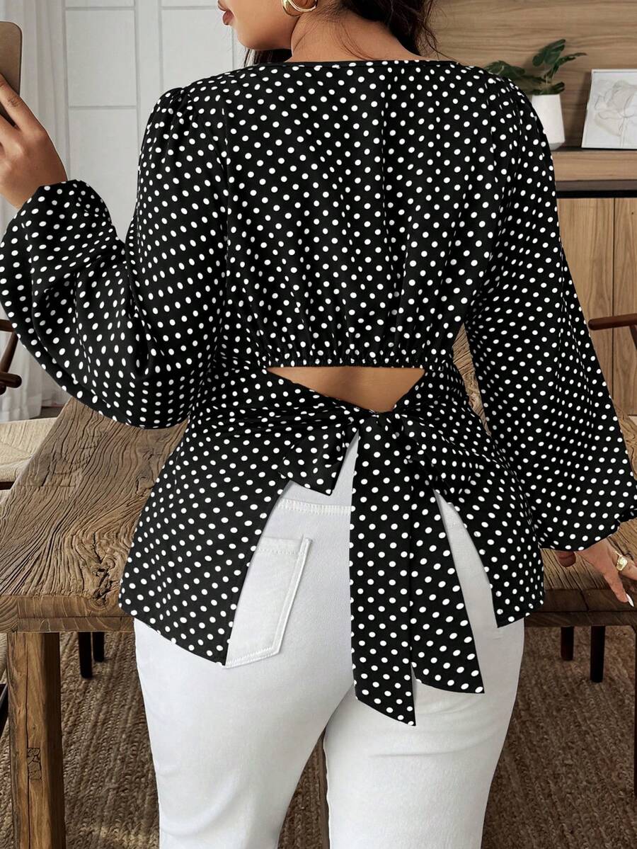 Weeklong Plus Size Black Polka Dot Backless Tie Front Long Sleeve Blouse - Black and White - View 1