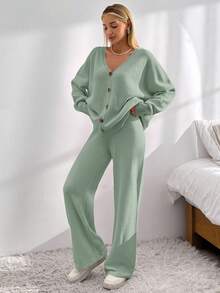 EURMUSE Drop Shoulder Cardigan & Tie Front Knit Pants - Mint Green - View 5