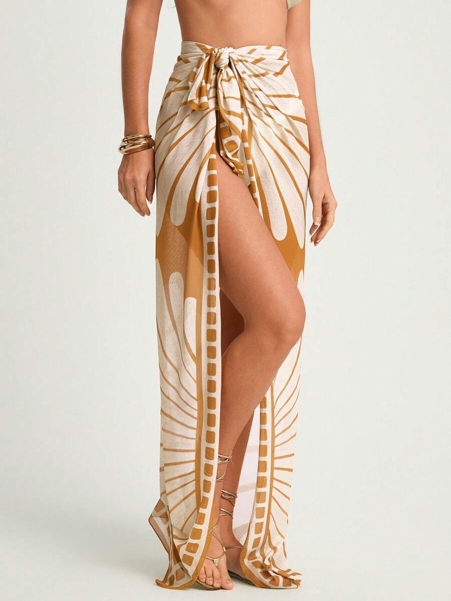 CAJUNI Women Beach Vacation Printed Cover Up, Swimsuit Cover Up Skirt, Beach Cover Up Skirt, Sarong Skirt, Bikini Cover Up Skirt, Sarong Coverup - Khaki - View 1