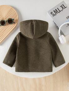 Toddler Boys' Fashionable Minimalist Military Green Patchwork Horn Button Long Sleeve Hooded Jacket, Vintage Versatile For Casual, Outdoor, School, Autumn/Winter - Dark Green - View 7