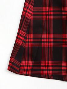 Falda casual y de trabajo con pliegues, decoración de botones y estampado de cuadros para mujer - Multicolor - Ver 4
