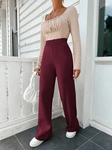 SHEIN Cottnline Solid Wide Leg Knit Pants - Burgundy - View 3