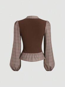 SHEIN PETITE Women's Vintage Elegant Plaid Patchwork Long Sleeve Waist Shirt, Autumn/Winter - Coffee Brown - View 2