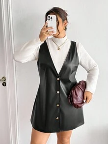 SHEIN Frenchy 加大码女式黑色 PU 肩带黑色无袖连衣裙，金属纽扣装饰，时尚百搭黑色套头连衣裙，适合日常穿着 - 黑色 - 查看 3