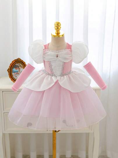 SHEIN Glamorique Kids Infant/Baby GirlPrincess Tulle Dress, Pink Puff Sleeve Party Dress, Birthday Party, Wedding, Holiday Occasion Formal Gown, Partywear, Birthday Party Wedding Holiday Formal Dress, Pink Tulle Puff Sleeve Dress, Pink Tulle Rhinestone, Middle East, Europe & US