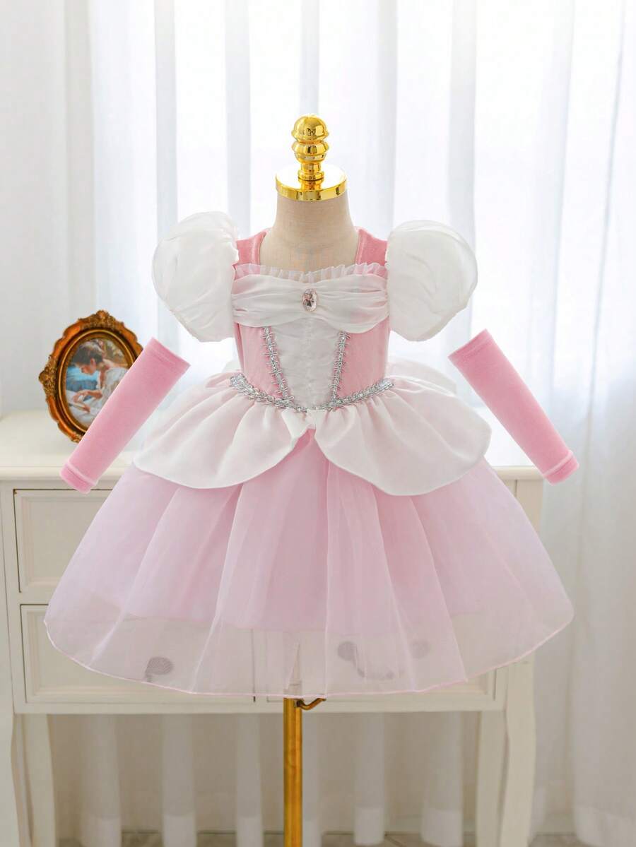 SHEIN Glamorique Kids 女婴公主薄纱连衣裙，粉色泡泡袖派对礼服，生日派对、婚礼、节日正式场合礼服，派对服装，生日派对婚礼节日正式礼服，粉色薄纱泡泡袖连衣裙，粉色薄纱水钻，中东、欧洲和美国 - 粉色 - 查看 1