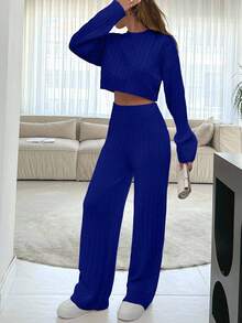 EURMUSE Women's Plain Drop Shoulder Long Sleeve Crop Top And Knitted Pants Casual Suit,Petite Co Ord Set,Petite Co Ord,Winter Co Ord Set,Co Ord,Loungewear Set,Petite,Winter Clothes - Blue - View 6