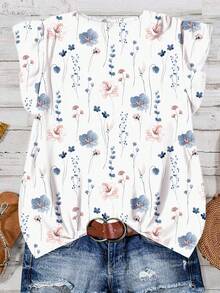 EMERY ROSE 大码女装日常休闲度假粉色V领小飞袖度假风蓝白碎花宽松衬衫，女士夏装，女士度假装，女士夏装，女士外出上衣，可爱夏季上衣，女士夏装 - 藍白色 - 查看 6